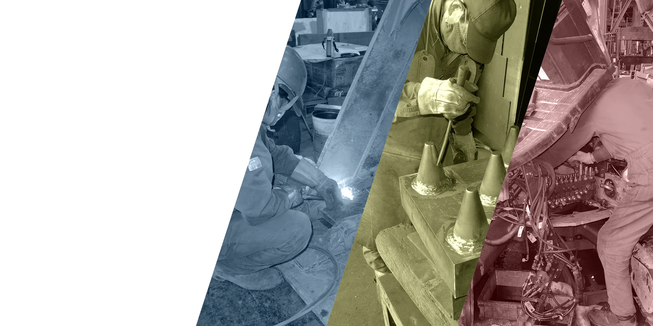 溶接作業、金属加工、機械修理を行う工場内の作業員の写真。