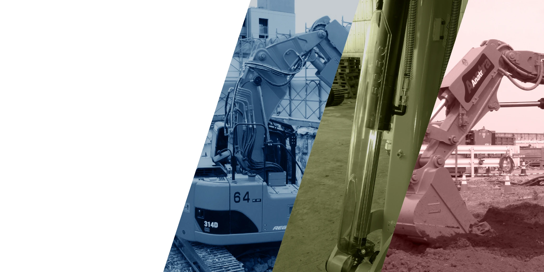 建設現場の油圧ショベルと機械部品のクローズアップ