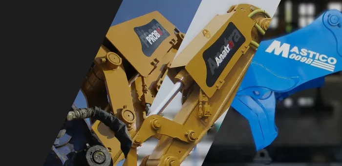 建設機械の油圧ショベルアームのクローズアップ